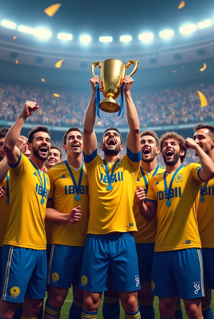  Draw me the Maccabi Tel Aviv soccer players winning the championship and celebrating, and very happy