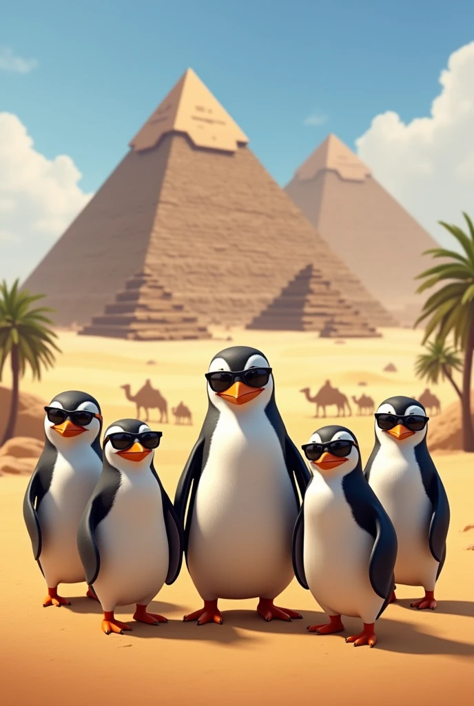 Penguins of Madagascar posing in front of pyramid of Egypt with shades