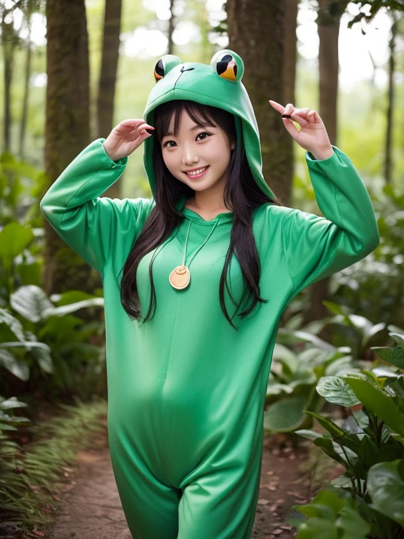 A frog princess (cute asian woman, age 25, over large eyes, loose frog costume) is dancing to celebrate the rain, frogs dance and sing around her, mushroom circle in a forest glade, rainy night