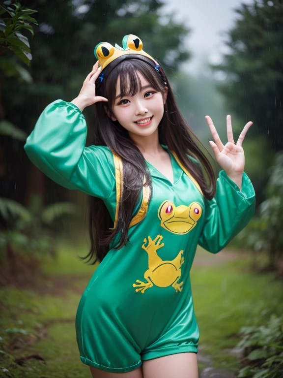 A frog princess (cute asian woman, age 25, over large eyes, loose frog costume) is dancing to celebrate the rain, frogs dance and sing around her, mushroom circle in a forest glade, rainy night