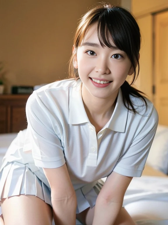 (Masterpiece, Best quality: 1.4), (Ultra realistic, Photo-realistic: 1.2), Full body, (kneeling: 1.3), Looking at viewer, Natural light, 18 years old actress, Japanese women, (arms behind back: 1.2), Neat and clean, ((White tennis uniform, White short-sleeve polo shirt with collar:1.2)), (unbutton:1.3), ((White tennis pleated skirt:1.2)), Wearing white sock, (ponytail: 1.2), Light brown hair color, (Beautiful Face), Oval face, clear, (Beautiful eyes, Kind eyes), (Clear skin), Small face, (Small mouth, Beautiful mouth), Natural makeup, Approachable, Luxury hotel Suite room, On bed, (nsfw:1.1), Seductive smile, Seductive pose, Beautiful thighs, Bedroom eyes,
