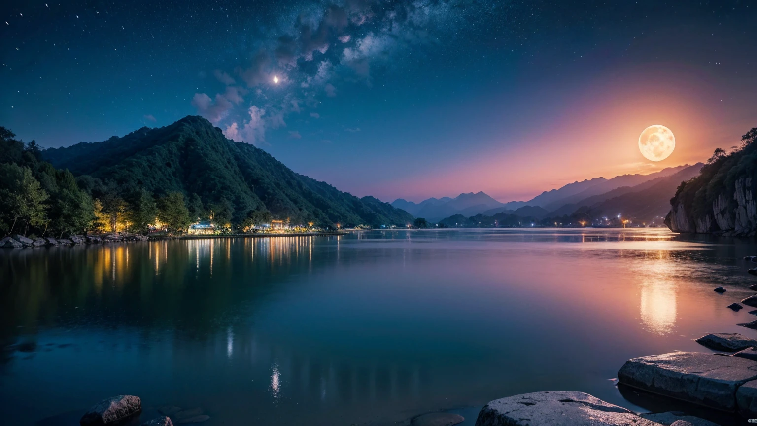 アジアの家のNight view, Vietnam, Vietnam, Hazan, moon, Lake in the foreground, quiet night, Green and Blue, Digital Illustration, Highly detailed digital art in 4K, Night view, anime art wallpaper 4k, anime art wallpaper 4k, 4K Detailed Digital Art, Natural scenery at night, Anime Art Wallpapers 8K, Background artwork, Beautiful Art UHD 4K, 4k HD illustration wallpaper