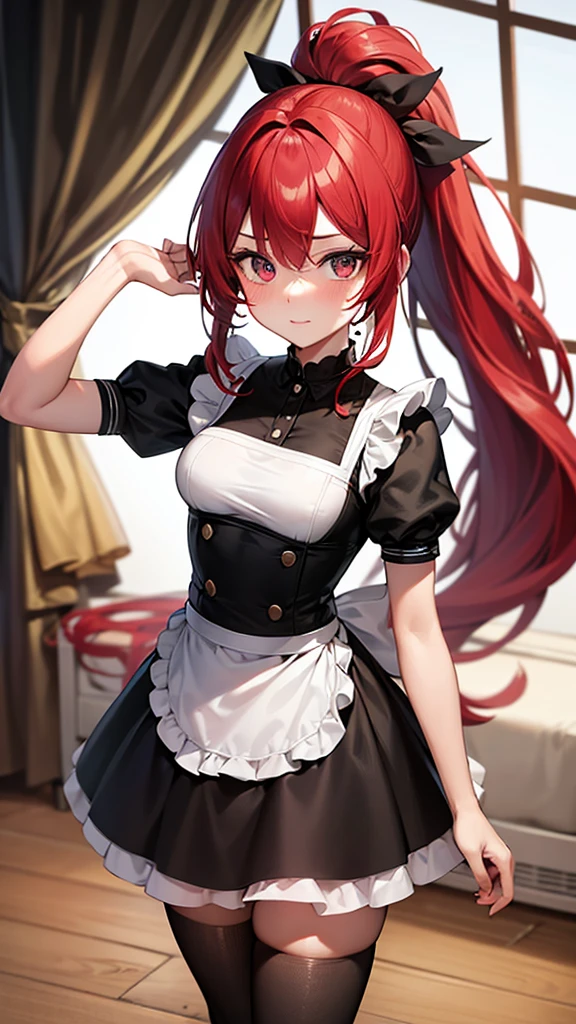 (Highest quality,High resolution,Very detailed,girl)black tights,Red hair,ponytail,Height: 150cm,cute,black eye,Wearing maid uniform,It has a lot of exposure,Her eyes are white and shining,Has bright white eyes,Has an embarrassed look,