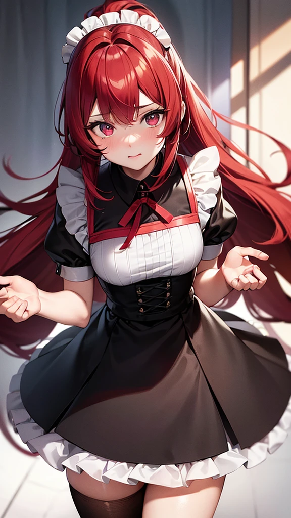 (Highest quality,High resolution,Very detailed,girl)black tights,Red hair,ponytail,Height: 150cm,cute,black eye,Wearing maid uniform,It has a lot of exposure,Her eyes are white and shining,Has bright white eyes,Has an embarrassed look,