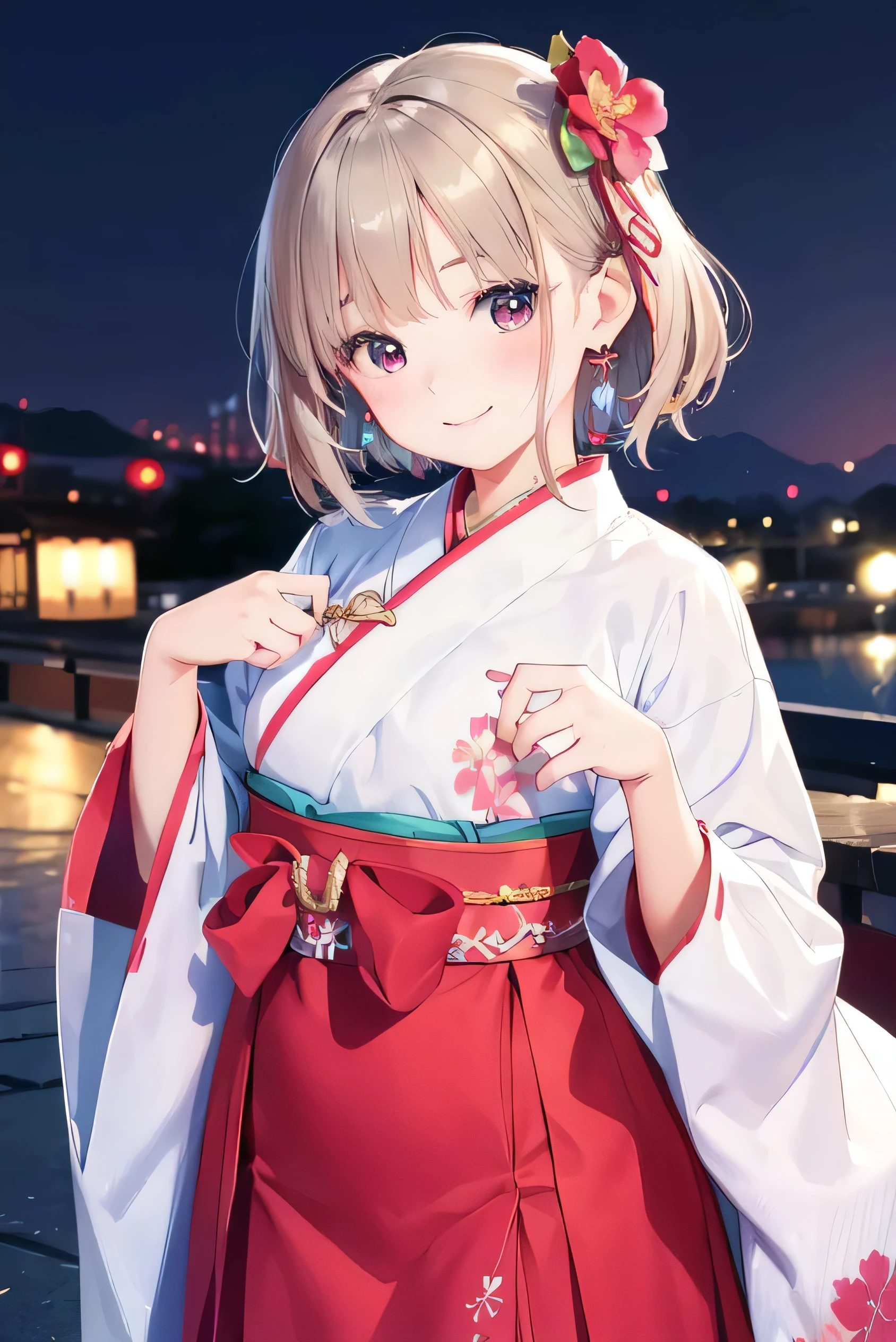 1 korean girl, colorful hanbok, beutiful hanbok, best quality, masterpiece, illustration, (realistic, photo-realistic:1.37), amazing, in detail, incredibly absurd, huge file size, very detailed, Goding, very detailed CG Unity 8k 벽지, ray tracing, moderate chest, Cute Korean girl wearing hanbok taking pictures outdoors, In Seoul, With a smiling face, blush, hair ribbon, earring, Head flower, Short hair, seoul background, Or the night view of Seoul, masterpiece