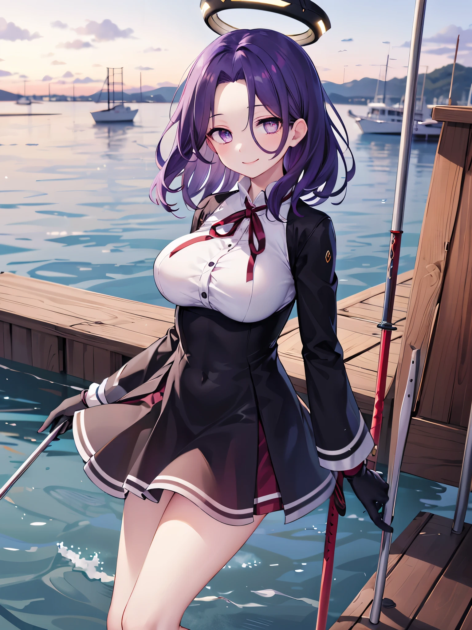 masterpiece, best quality, highres, mechanical halo, (big_breasts:1.2), black dress, neck ribbon, long sleeves, black gloves, outdoors, cowboy shot, standing, holding weapon, polearm,smile,,harbor_town_landscape,purple_halfeyes,(scornful eyes:1.4)