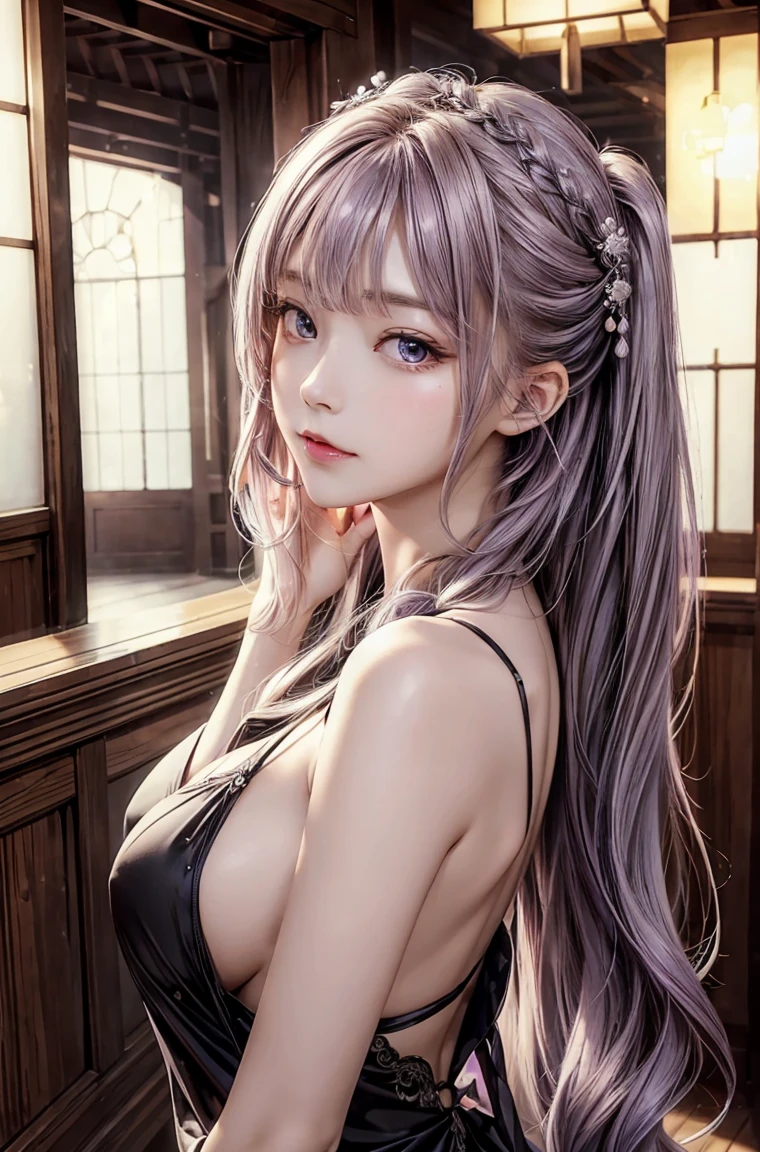 masterpiece, 1 beautiful girl, Delicate eyes, Purebred face_v1, Top quality, Ultra high resolution, (Reality: 1.4), Japanese, Korean, very beautiful, Beautiful skin, slim,Very sexy, (超Reality), (high resolution), (8K), (Very detailed), Delicate face, Bright Lights, Professional lighting, Looking at the audience, Face straight ahead, Black bare back see-through antique style dress,big nipples, Lilac hair, long hair, long hair與辮子, Bangs,Double bun,hair accessories。