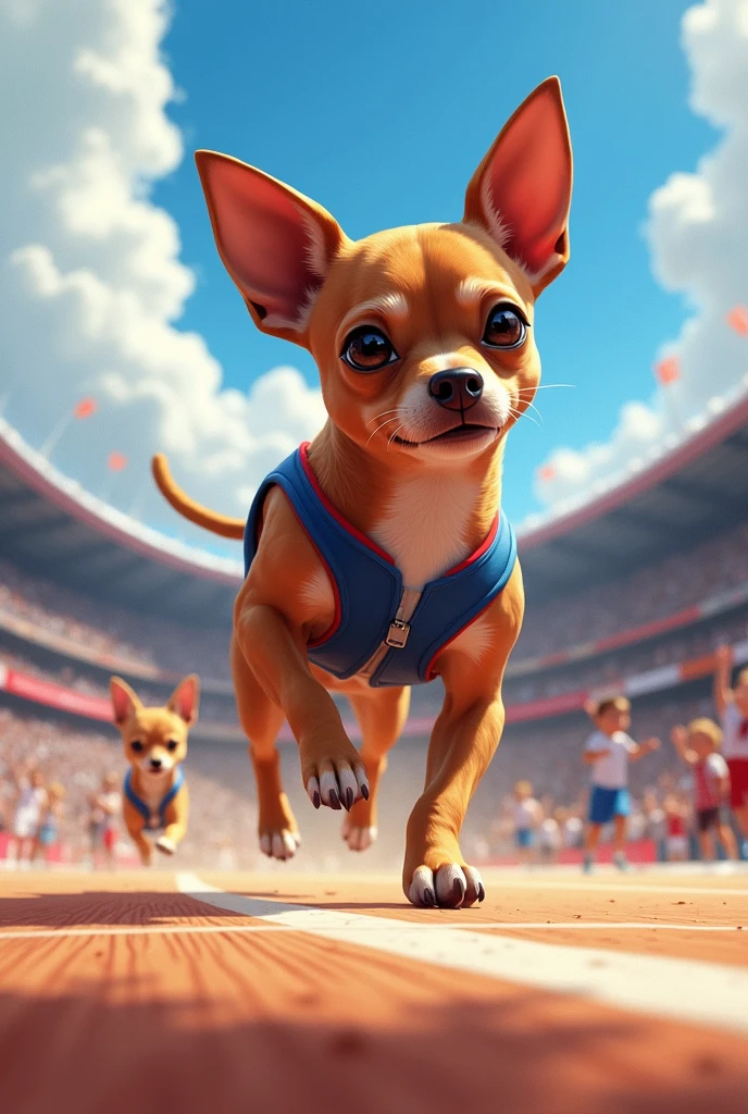 Un chihuahua couleur marron qui fait des épreuves aux Jeux olympiques de Paris 2024 avec des adversaires chihuahua