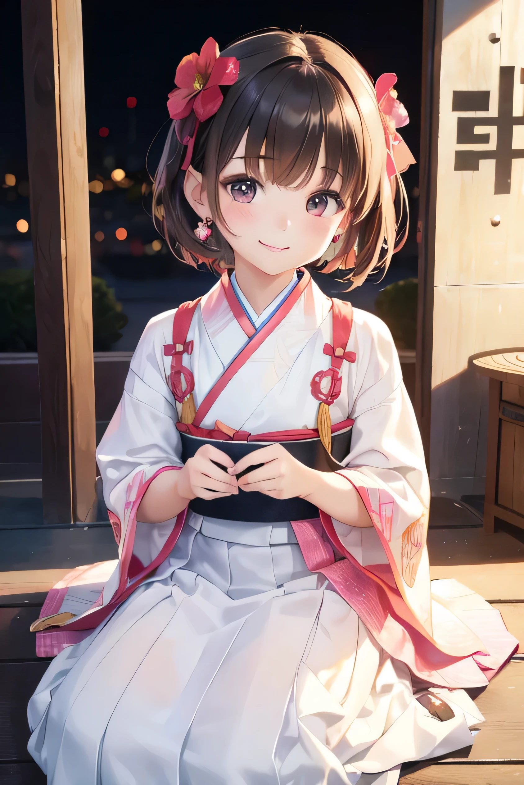 1 korean girl, colorful hanbok, beutiful hanbok, best quality, masterpiece, illustration, (realistic, photo-realistic:1.37), amazing, in detail, incredibly absurd, huge file size, very detailed, Goding, very detailed CG Unity 8k 벽지, ray tracing, moderate chest, Cute Korean girl wearing hanbok taking pictures outdoors, In Seoul, With a smiling face, blush, hair ribbon, earring, Head flower, Short hair, seoul background, Or the night view of Seoul, masterpiece