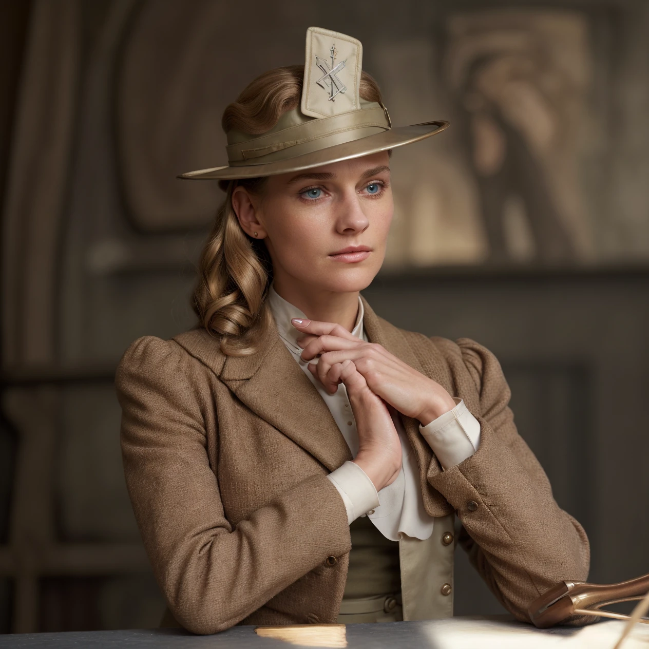 a woman in 1943 setting, full upper body, open jacket, high quality, realistic, sks woman, white blouse, black jacket, nazi uniform, ss woman, nazi woman, inglorious basterds movie, skirt, ultra realistic