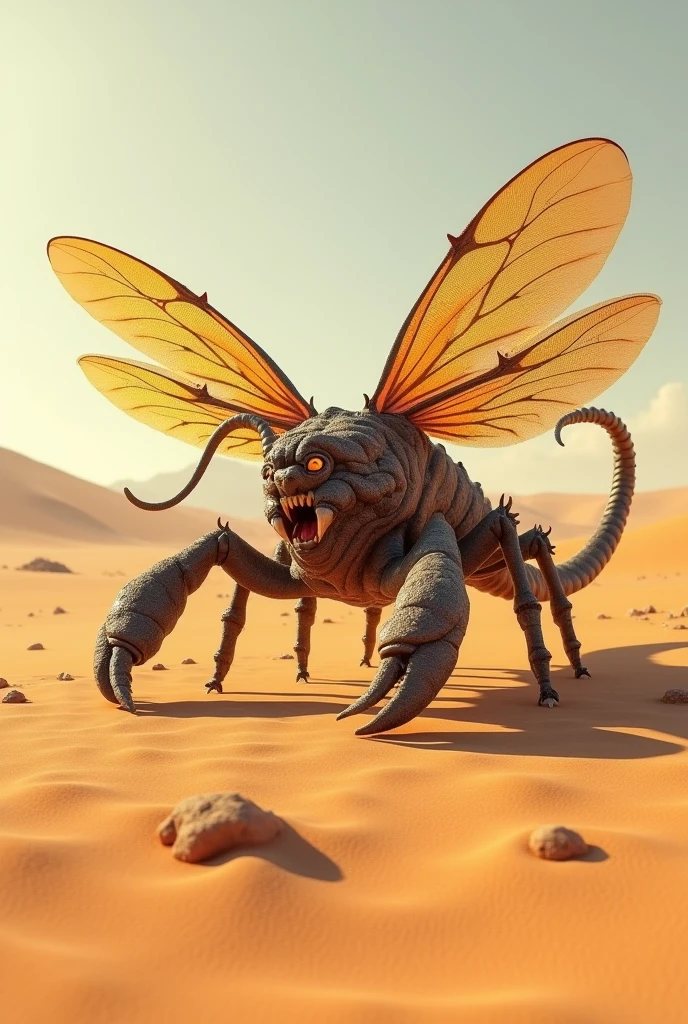 Shornas, the formidable desert beast, standing majestically in the midst of a barren desert landscape. This creature, resembling a scorpion with dragonfly wings, boasts a unique blend of features. Its six legs and long tail are covered in bony armor, giving it a fearsome appearance. Despite its insect-like exterior, Shornas is a mammal, a true anomaly of evolution. Its body is adapted to the harsh desert environment, with each feature serving a distinct purpose. The scene captures Shornas in a moment of stillness, its wings slightly raised and its armored tail curved menacingly. The golden sands of the desert, photo, 3d render, poster
