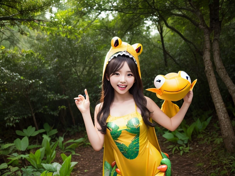 A frog princess (cute asian woman, age 25, over large eyes, loose frog costume) is dancing to celebrate the rain, frogs dance and sing around her, mushroom circle in a forest glade, rainy night