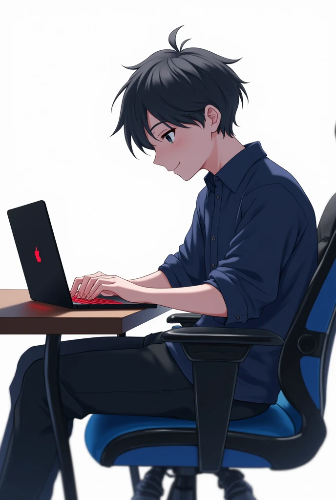A 16 year old boy working in his blackish apple laptop. The keyboard was shining with red color.He weard a dark blue shirt and sat into a black(border blue) stylish chair. His hair is stylish but small. His skin is white. It's showing his right side.The background is white. His pant is black ! It's anime but looks like real ! He is so much fat. He is happy but his mouth is close. Don't show his full body and bottom of the chair. Eye color is blackish. 
