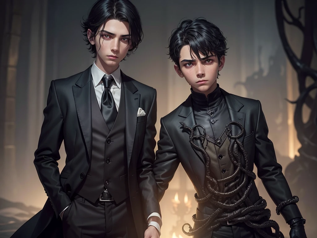 11 year old boy + eldritch abomination + black suite + handsome + neutral face+ eldritch horrors behind him+ gray fog in the background + golden glowing eyes + closeup image