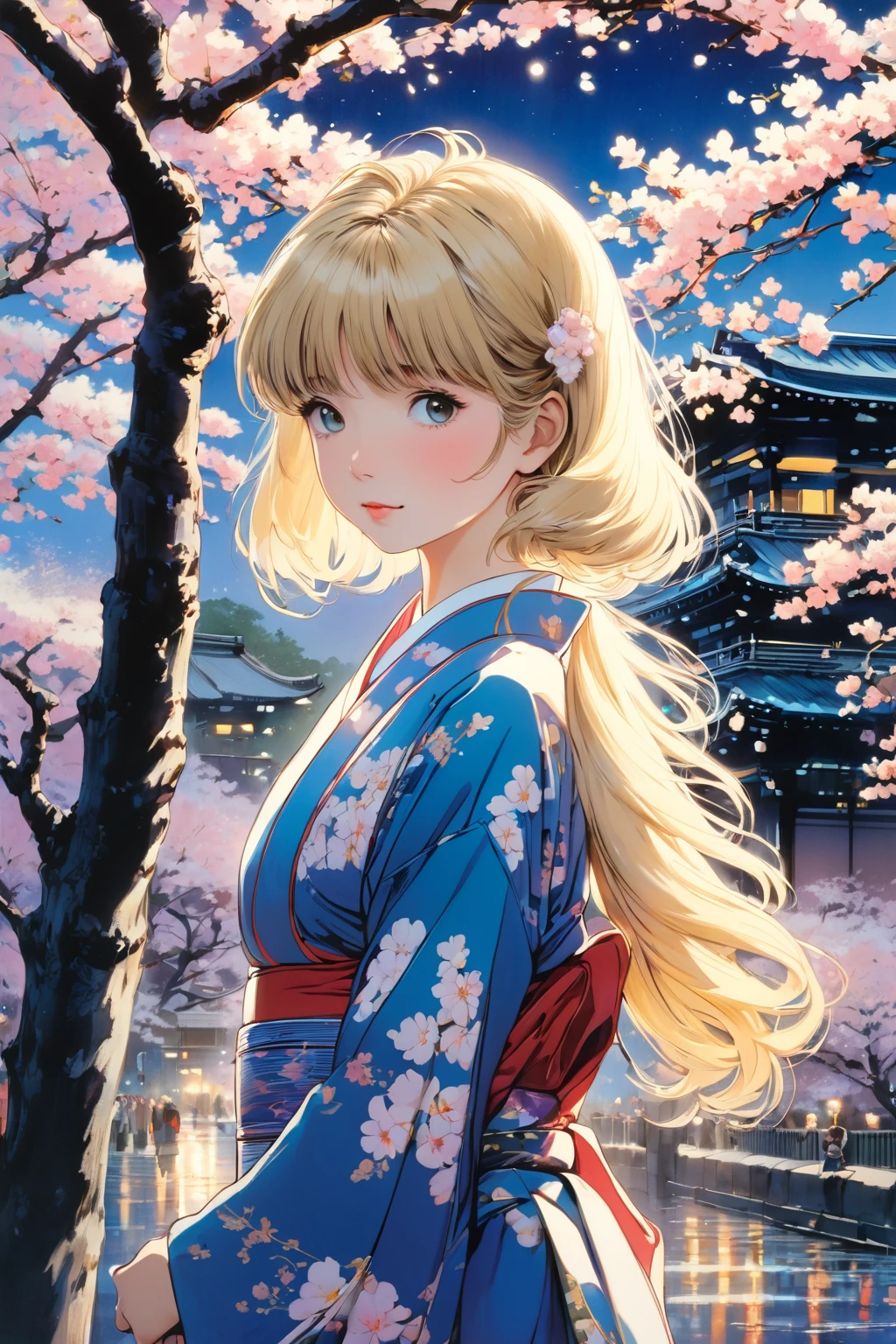 1girl blonde hair kimono,
1980s night at Ueno Park ,blossom trees,
(art by Noriyoshi Ohrai )