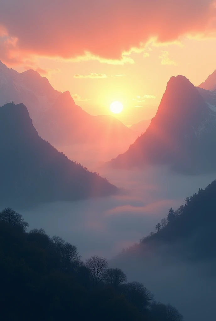 A serene sunrise over a misty mountain range with a warm glow