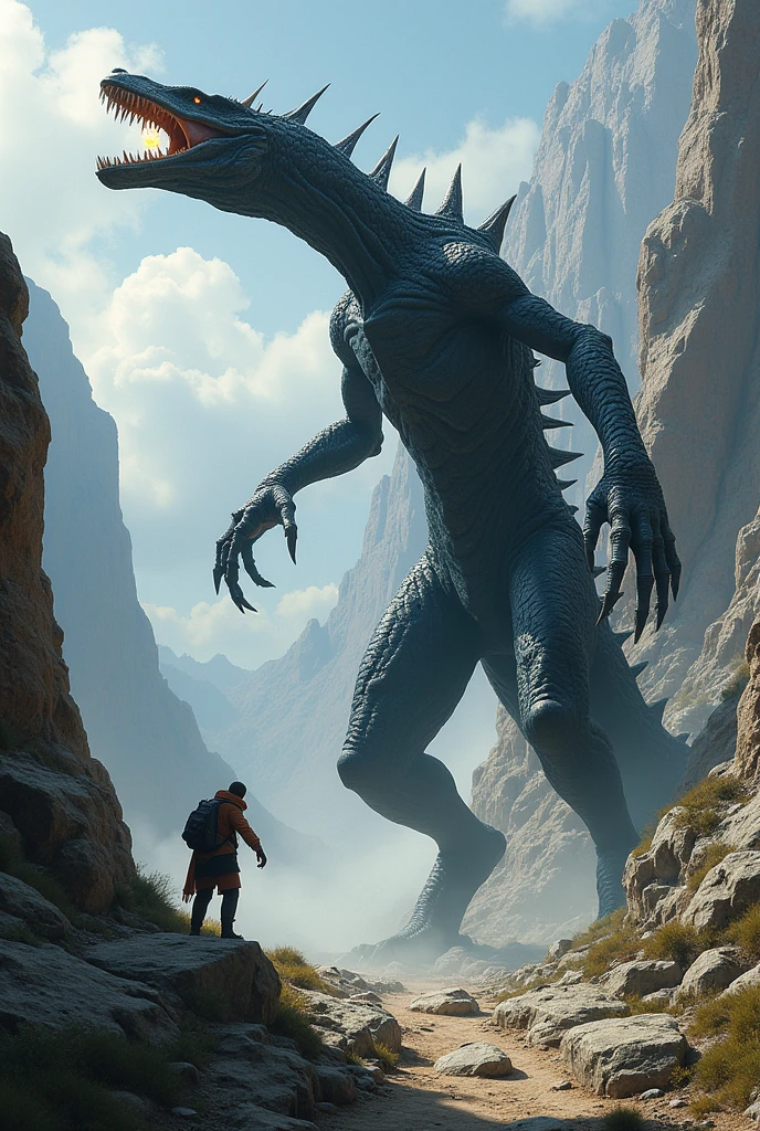 A remarkable illustration of Driiksa, the colossal mountain monster, emerging from the rugged terrain. The lizard-like creature, with a long neck resembling a diplodocus, stands tall on its four powerful legs, each tipped with a venomous stinger at the end of a tail. Its scales have the unique ability to transform into a thin layer of stone, seamlessly camouflaging it within the rocky environment. In this captivating scene, Driiksa reveals itself, its black scales shimmering in the sunlight as its small head on a flexible neck turns toward its prey. The monster's mouth unveils razor-sharp crystalline teeth, forming a glowing orb of energy. As Driiksa launches a plasma ball at its target, its neck swiftly extends forward, and it ascends with impressive agility, preparing to strike