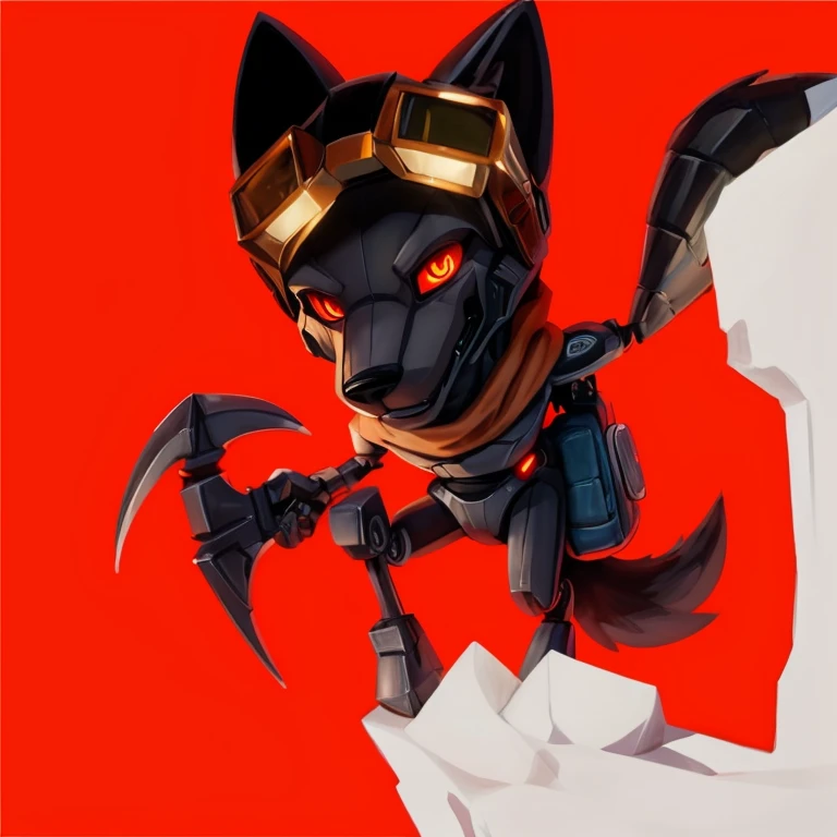 Black Robot Male muscular anthro wolf, standing, left feet standing higher on a white stone, left hand holding a picaxe, right hand holding a white rock on the white wall to climb, sharp predatory glowing orange eyes sith red pupil in the middle and black sharp line in the middle of red pupil, eyes looking at the viewer, wearing white scarf on the neck, wearing big eyeglasses on his head, black wolf ears behind eyeglasses, wearing brown backpack, black wolf tail under backpack and behind body, detailed perfect 4k art, high quality 4k art, detailed black wolf robot face, perfect light, perfect shadow,  detailed perfect wolf robot tail with perfect light and shadow, red background