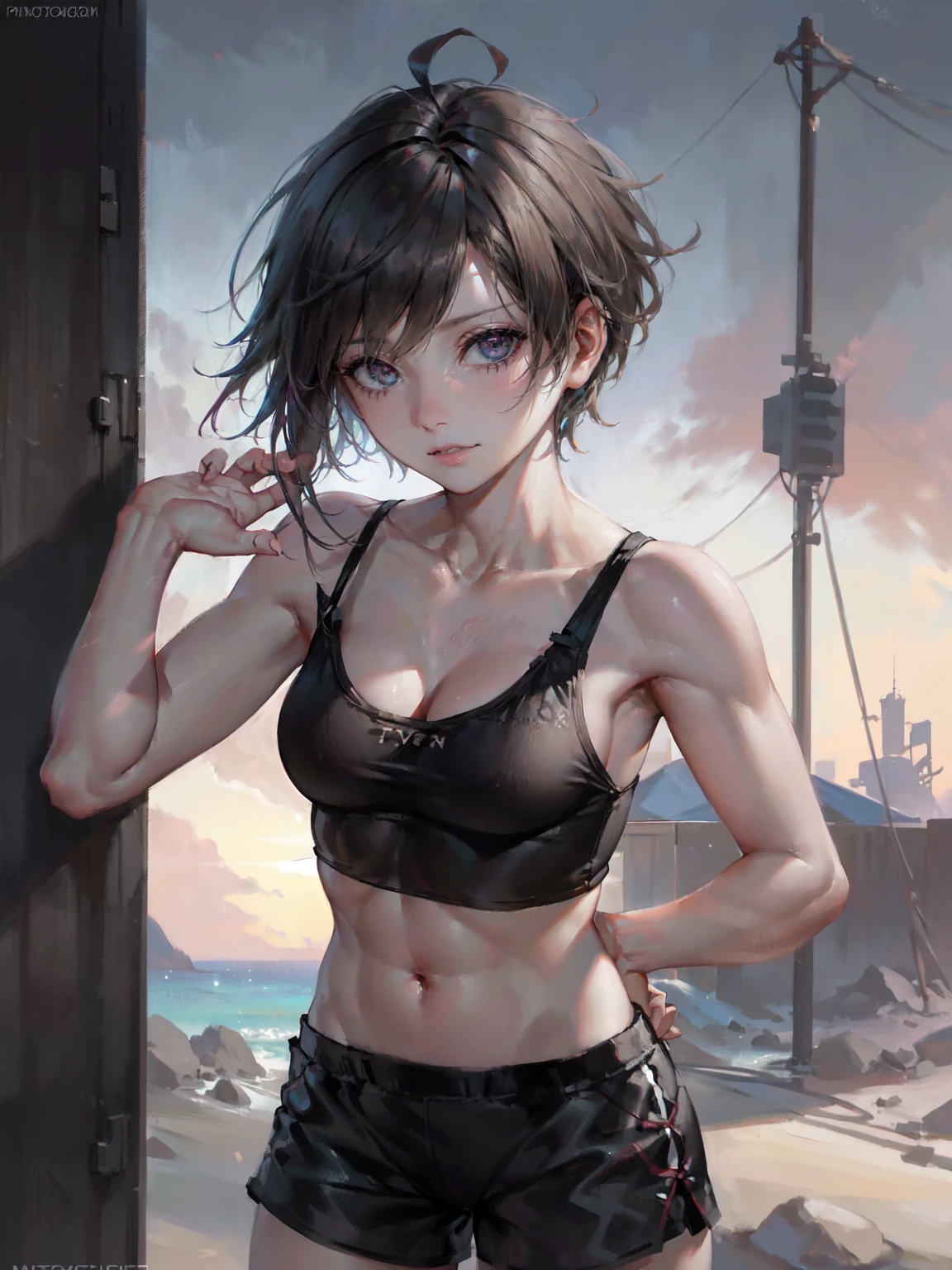 tomboy girl, athletic fit body, short spiky hair of nutty color, beautiful detailed eyes, beautiful detailed lips, tank top, boy shorts, detailed muscular legs, dynamic pose, realistic, photorealistic, 4k, 8k, highres, masterpiece, ultra-detailed, (1girl)