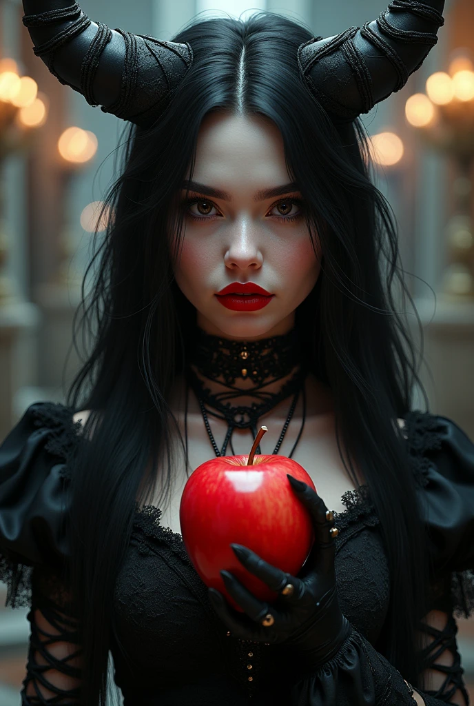 ((RAW Photo), absurd, (absurdresolution)), masterpiece, best quality, (Extremely detailed 8k unity CG wallpaper), (best illustration), (best shadow), Realistic lighting, beautiful detailed glow, ((21 years old)), girl, long black hair, black queen, accessories, apple in hand, poisoned apples, witch queen, red lipstick, (((Photographic Perspective of her)))