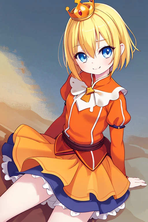 Guardian Tales Game Characters,Girl1,Little Princess,blonde hair,short hair,hair between the eyes,blue eyes,The eyes are detailed.,Red short coat,Top with skirt,Two-layer skirt,(Orange Shirt),White lower skirt,Orange top skirt,crown,Smooth skin,Sleeping position,look at the viewer,Big smile,Vast meadows,(Outstanding Achievements),(sharp)(,Highly detailed),((Realistic))