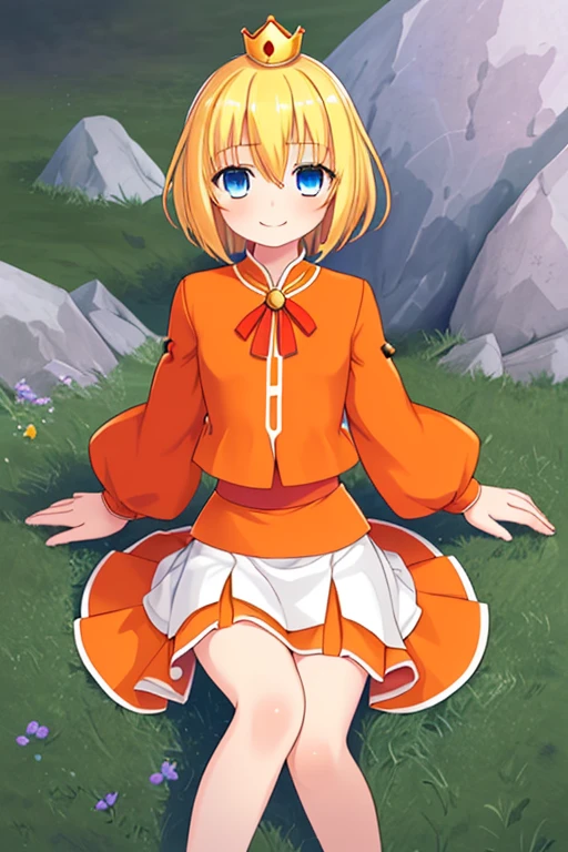 Guardian Tales Game Characters,Girl1,Little Princess,blonde hair,short hair,hair between the eyes,blue eyes,The eyes are detailed.,Red short coat,Top with skirt,Two-layer skirt,(Orange Shirt),White lower skirt,Orange top skirt,crown,Smooth skin,Sleeping position,look at the viewer,Big smile,Vast meadows,(Outstanding Achievements),(sharp)(,Highly detailed),((Realistic))
