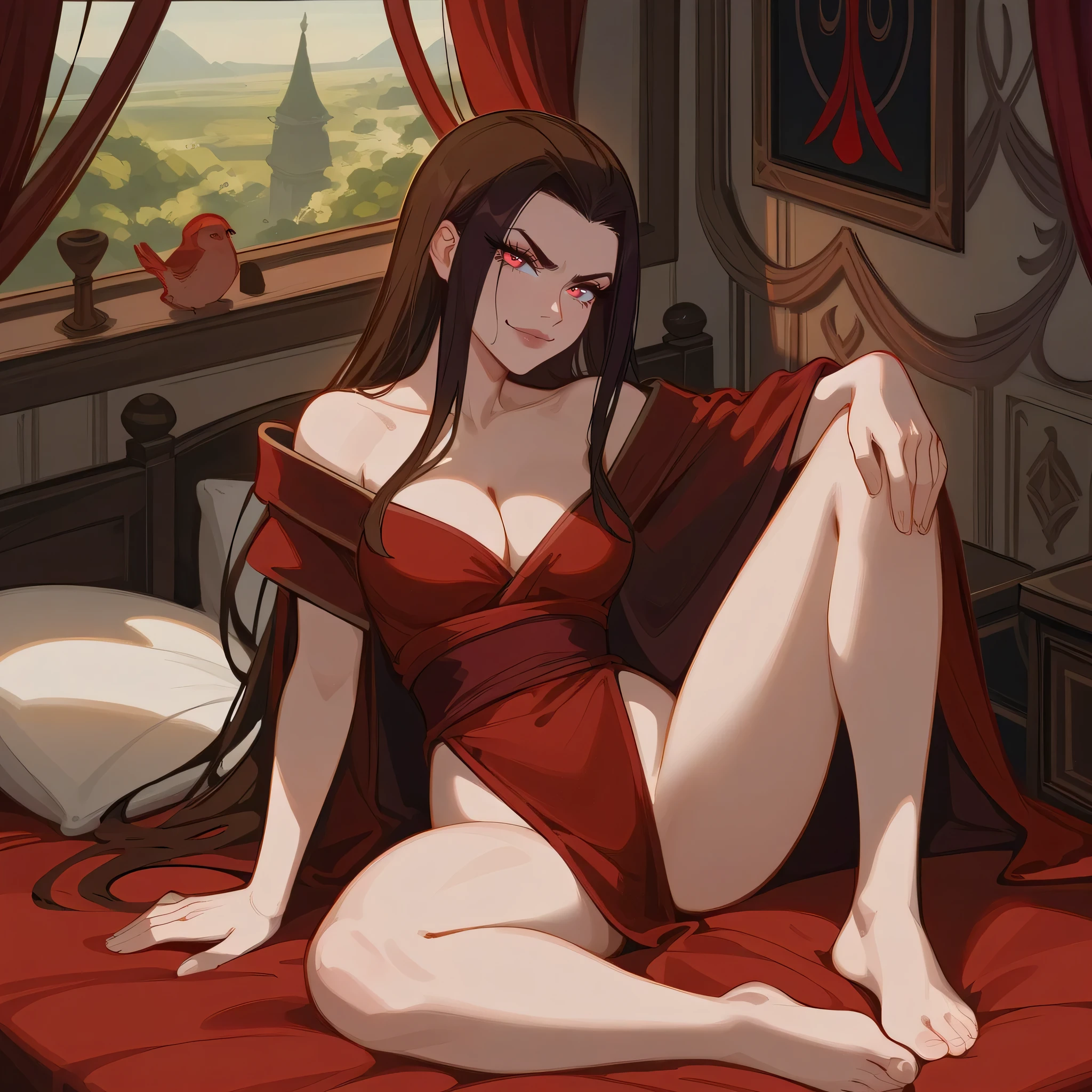 [azula], [(Avatar the Last Airbender)], ((masterpiece)), ((high res)), ((HD)), ((solo portrait)), ((full body)), ((bird's eye view)), ((feet visible)), ((detailed shading)), ((intricate details)), {(attractive athletic figure), (brown hair), (shoulder length hair), (cute maroon eyes), (long eyelashes), (lush lips), (curvy hips), (beautiful toned legs), (beautiful feet), (smug grin), (intimidating glare)}, {(dark red robe), (cleavage)}, (laying on bed), (lying on back), (hands behind head), (looking at viewer)}, [ambient lighting, bedroom, dark room]