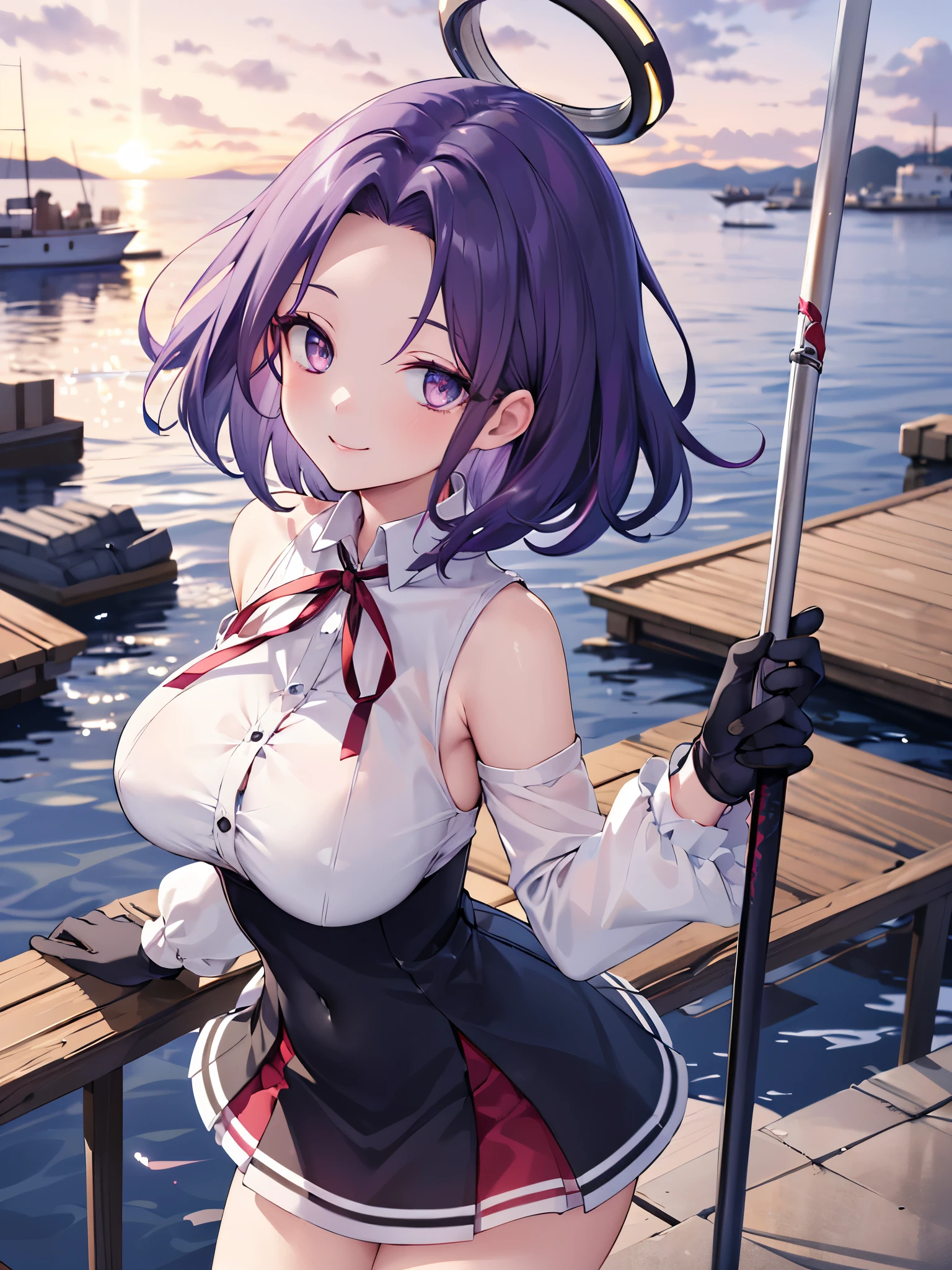 masterpiece, best quality, highres, mechanical halo, (big_breasts:1.2), black dress, neck ribbon, long sleeves, black gloves, outdoors, cowboy shot, standing, holding weapon, polearm,smile,,harbor_town_landscape,purple_halfeyes,(scornful eyes:1.4)