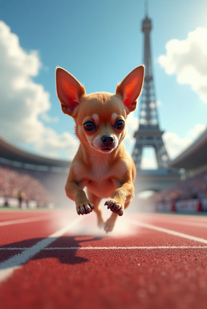 Un chihuahua couleur marron qui fait des épreuves aux Jeux olympiques de Paris 2024 