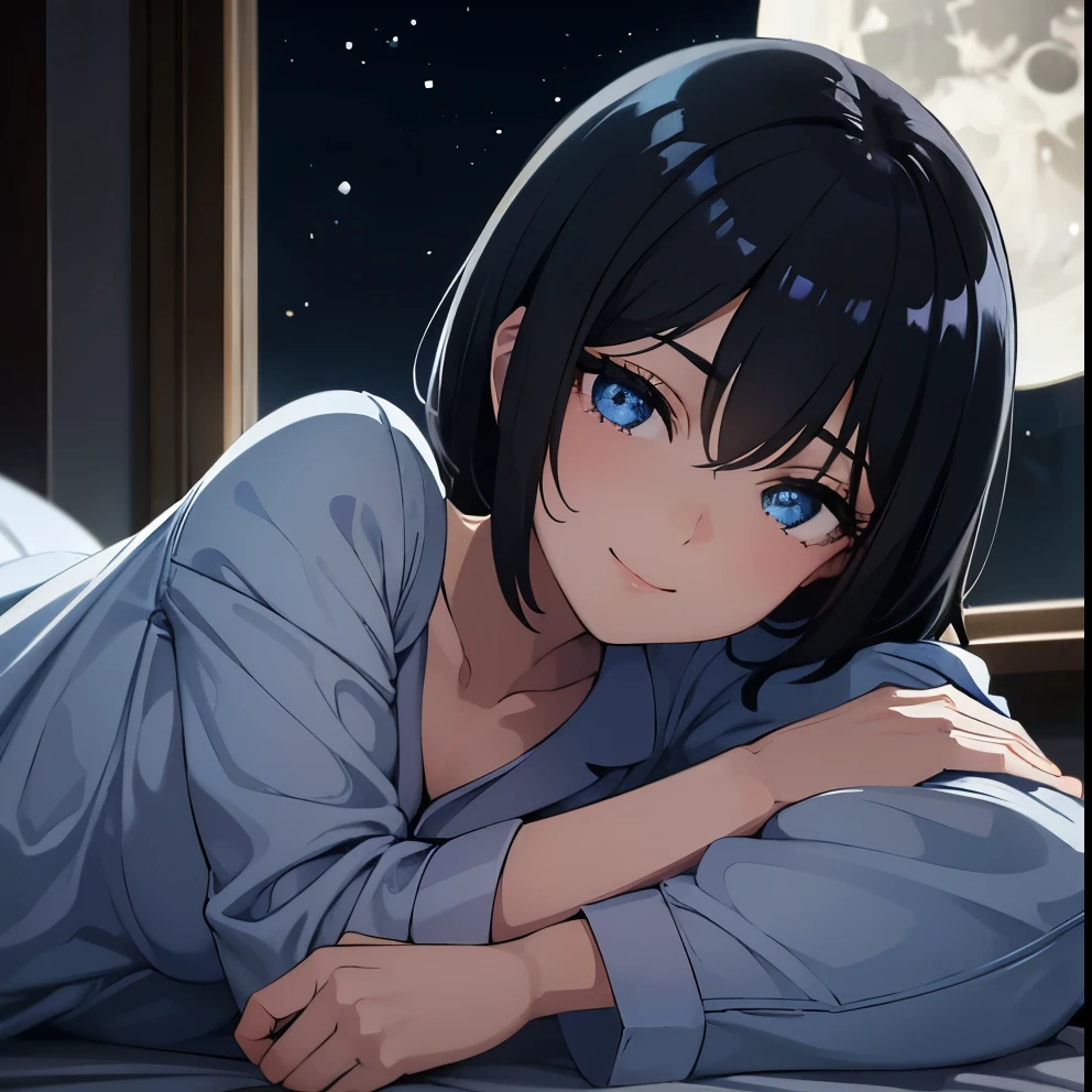 [(Beautiful young girl) (short black hair) (blue eyes) (flat chest)]  ([high Definition] [correct anatomy]): (night time) (moon light thru a window) ( wearing pijamas) (laying in a bed) (smiling) (sleepy) (close face)