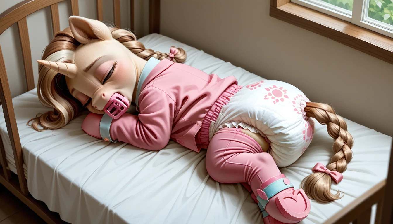 pony, light caramel unicorn, adult filly, plum eyes, lush mane braided, bushy tail, sleeps in a crib, closed eyes, dressed in a pink bodysuit and pink booties, pink pacifier in mouth, solo, thick light pink diaper under clothes, bulge on the back of the diaper, between the hind hooves and on the front of the diaper, saggy diaper.