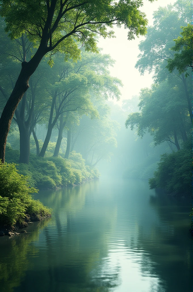 In cinematic view :- Beautiful view of a river bank. There may be trees, bushes and calm water in the background.