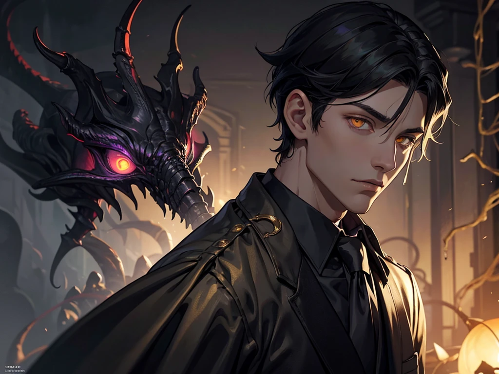 11 year old boy + eldritch abomination + black suite + handsome + neutral face+ eldritch horrors behind him+ gray fog in the background + golden glowing eyes + closeup image