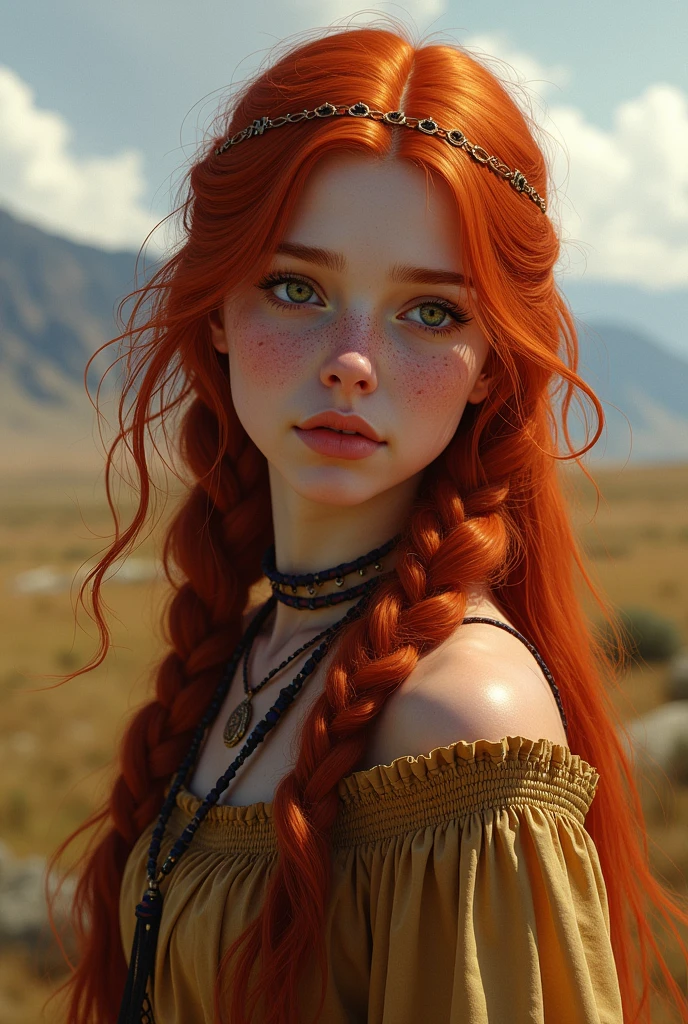 Jeune femme, 25 ans, rousse, yeux vert clair, d'origine irlandaise, cheveux longs avec quelques tresses, tâches de rousseur apparentes, élevée par des natif américains dans un univers far west
