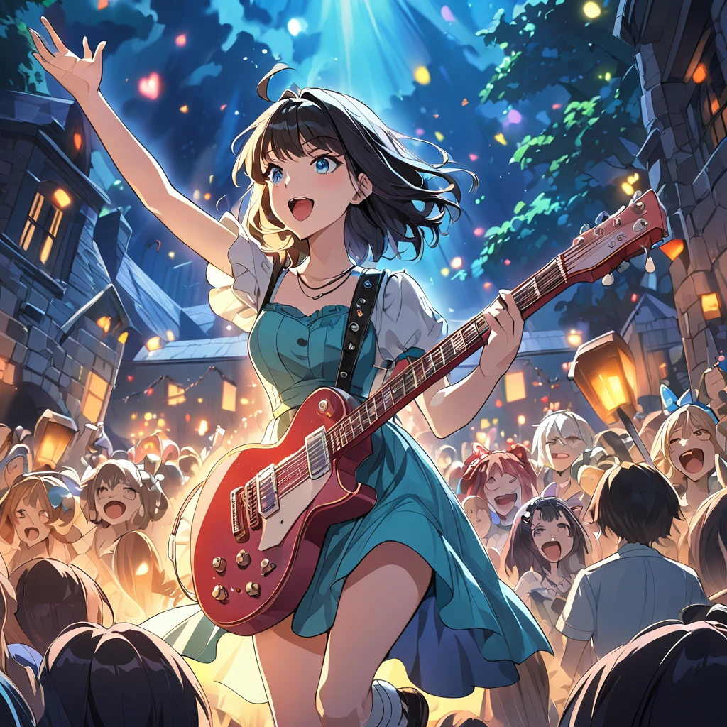 Bold brushstrokes, anime style illustration, midsummer night, crazy fun, cinematic lighting, Alice and the main characters from "Alice in Wonderland" performing a rock concert in a graveyard in the middle of the night, Alice with an electric guitar hanging from her shoulder, singing into a microphone, the dead audience cheering on.