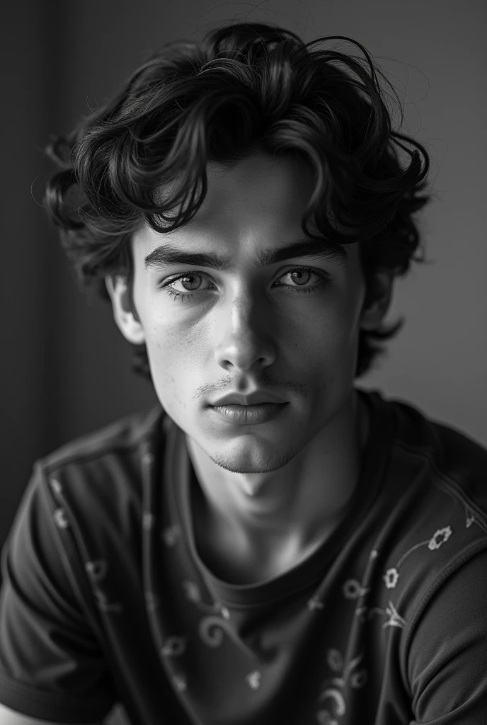 A image that features a young man with a thoughtful expression. His curly hair is neatly styled, and his eyes are direct and expressive. The image is in grayscale, giving it a classic and timeless look. He is wearing a textured shirt with a distinctive pattern, possibly floral or abstract, adding a modern touch to the photograph. The background is softly blurred, ensuring the focus remains on his face. This portrait has a moody and introspective ambiance, suitable for an artistic or personal profile picture.