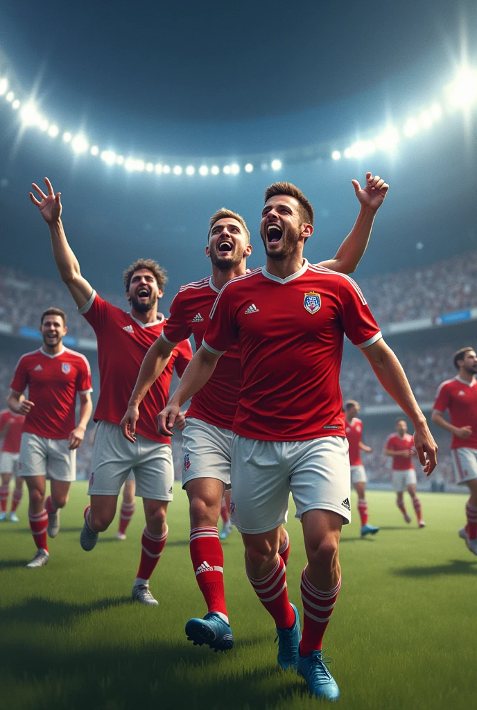 Draw me the Maccabi Tel Aviv soccer players winning the championship and celebrating, and very happyThen a fan dressed in a red shirt and ,white pants shot one of the Maccabi Tel Aviv players