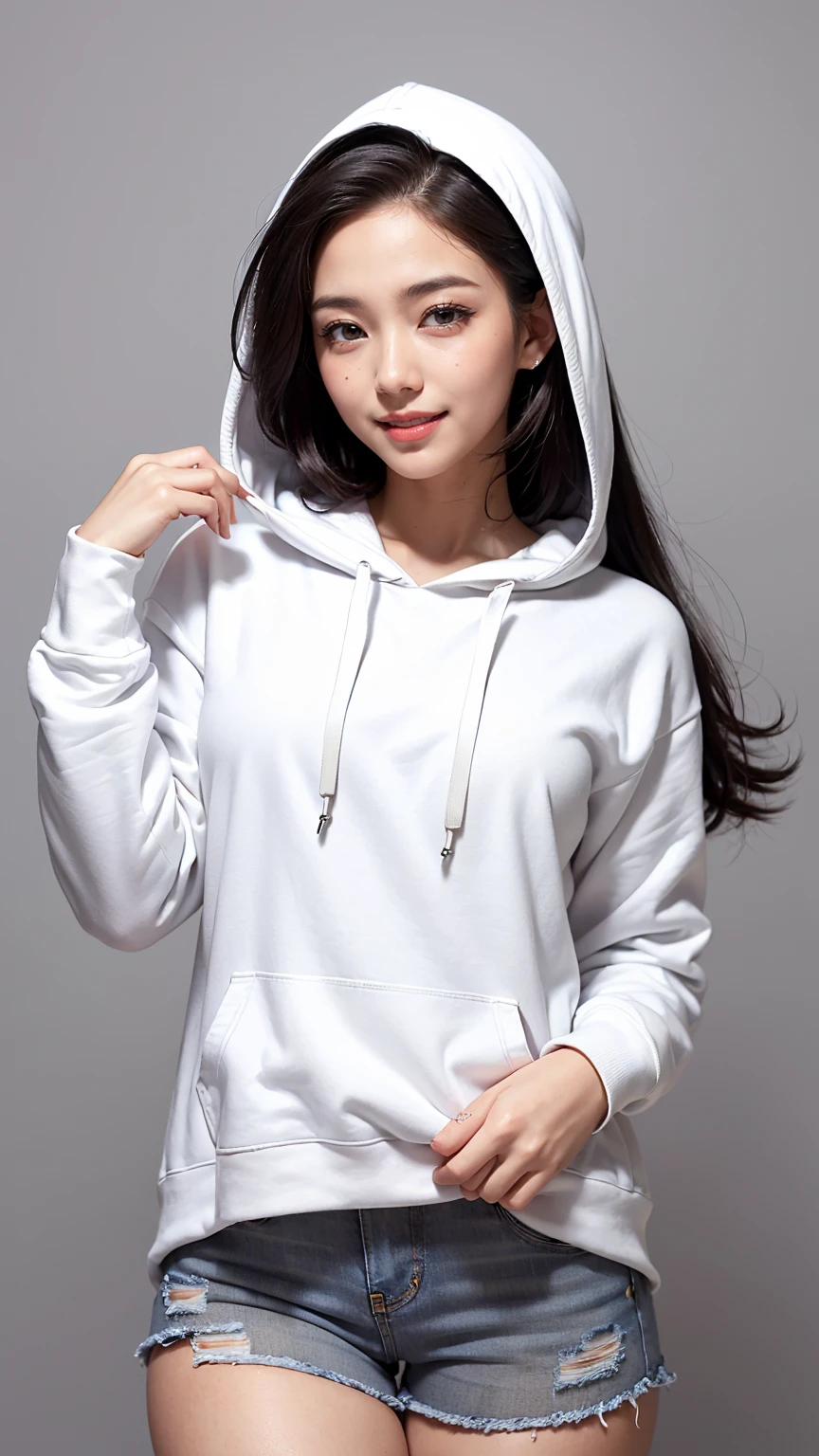 Realistic, masterpiece, Highest quality, Highest Resolution, Anatomically correct, Accurate Anatomy, (Gray blank background:1.3), (1girl:1.3), 20-year-old, Height: 165cm, Shot from thigh up, (Thick thighs:1.2), (Long Hair, Straight Hair, Silver Hair:1.3), (Squint your eyes, Sharp Eyes, (Iris:1.2)), (Hidden eyelid wrinkles:1.2), Thin eyebrows, Draw eyelashes carefully, Natural Makeup, Chin up, Grin, Slightly to the side, (White hoodie and denim hot pants:1.3), (Barker&#39;s hood is not on, There are two strings:1.3), (Sitting with legs spread on a simple chair:1.2)