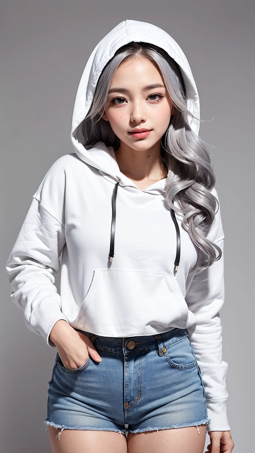 Realistic, masterpiece, Highest quality, Highest Resolution, Anatomically correct, Accurate Anatomy, (Gray blank background:1.3), (1girl:1.3), 20-year-old, Height: 165cm, Shot from thigh up, (Thick thighs:1.2), (Long Hair, Straight Hair, Silver Hair:1.3), (Squint your eyes, Sharp Eyes, (Iris:1.2)), (Hidden eyelid wrinkles:1.2), Thin eyebrows, Draw eyelashes carefully, Natural Makeup, Chin up, Grin, Slightly to the side, (White hoodie and denim hot pants:1.3), (Barker's hood is not on, There are two strings:1.3), (Sitting with legs spread on a simple chair:1.2)