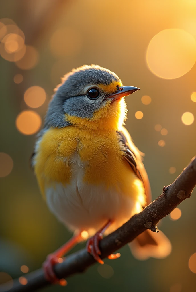 A mesmerizing close-up portrait of a gorgeous little bird illuminated by the soft, golden light of a tranquil morning, with vibrant bokeh balls gently framing its delicate form.