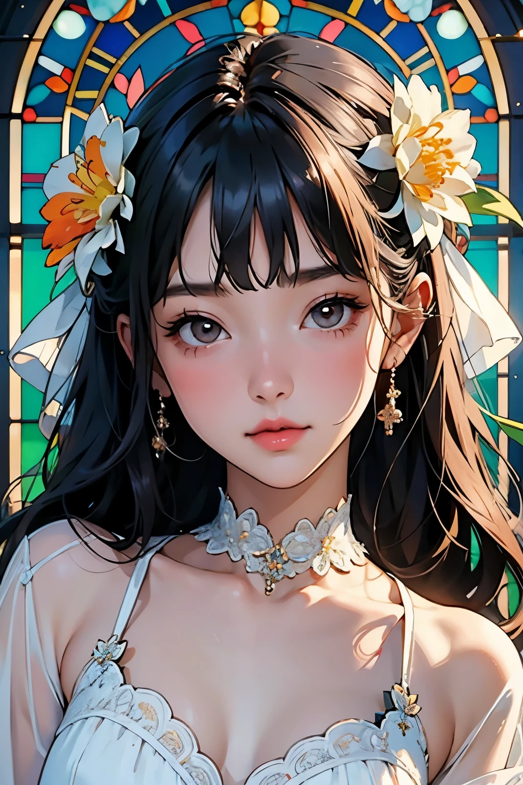 Very beautiful 17 year old girl, (Surrounded by lots of flowers)、Clear skin、Glowing Skin, bright, Refreshing and gentle look, Perfect beautiful face、Beautiful shiny bangs, Small breasts,Lace dress,See through,Transparent beautiful stained glass background,