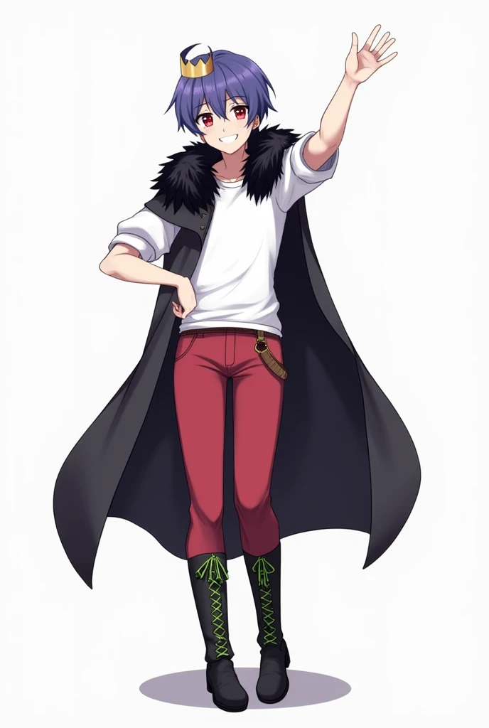 Smiling and waving towards the front、High school student male、A small, plain golden crown is worn on the upper left side of the head.、Blue-purple short hair(Sideburns、bangs)、Black fur on shoulders、One black cloak、The cape is worn without the sleeves in place、Both eyes are red、A plain white t-shirt with elbow-length sleeves、Red long sleeve trousers、black long boots(Green shoelaces)