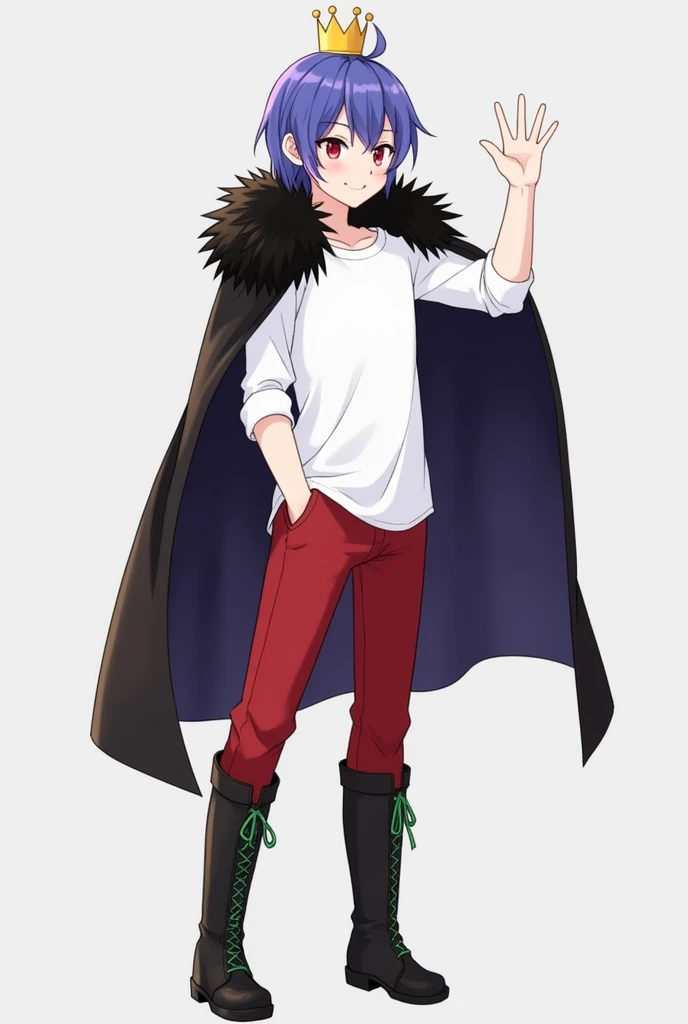 Smiling and waving towards the front、High school student male、A small, plain golden crown is worn on the upper left side of the head.、Blue-purple short hair(Sideburns、bangs)、Black fur on shoulders、One black cloak、The cape is worn without the sleeves in place、Both eyes are red、A plain white t-shirt with elbow-length sleeves、Red long sleeve trousers、black long boots(Green shoelaces)