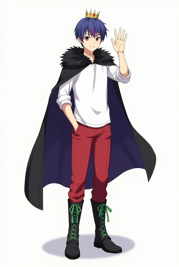 Smiling and waving towards the front、High school student male、A small, plain golden crown is worn on the upper left side of the head.、Blue-purple short hair(Sideburns、bangs)、Black fur on shoulders、One black cloak、The cape is worn without the sleeves in place、Both eyes are red、A plain white t-shirt with elbow-length sleeves、Red long sleeve trousers、black long boots(Green shoelaces)