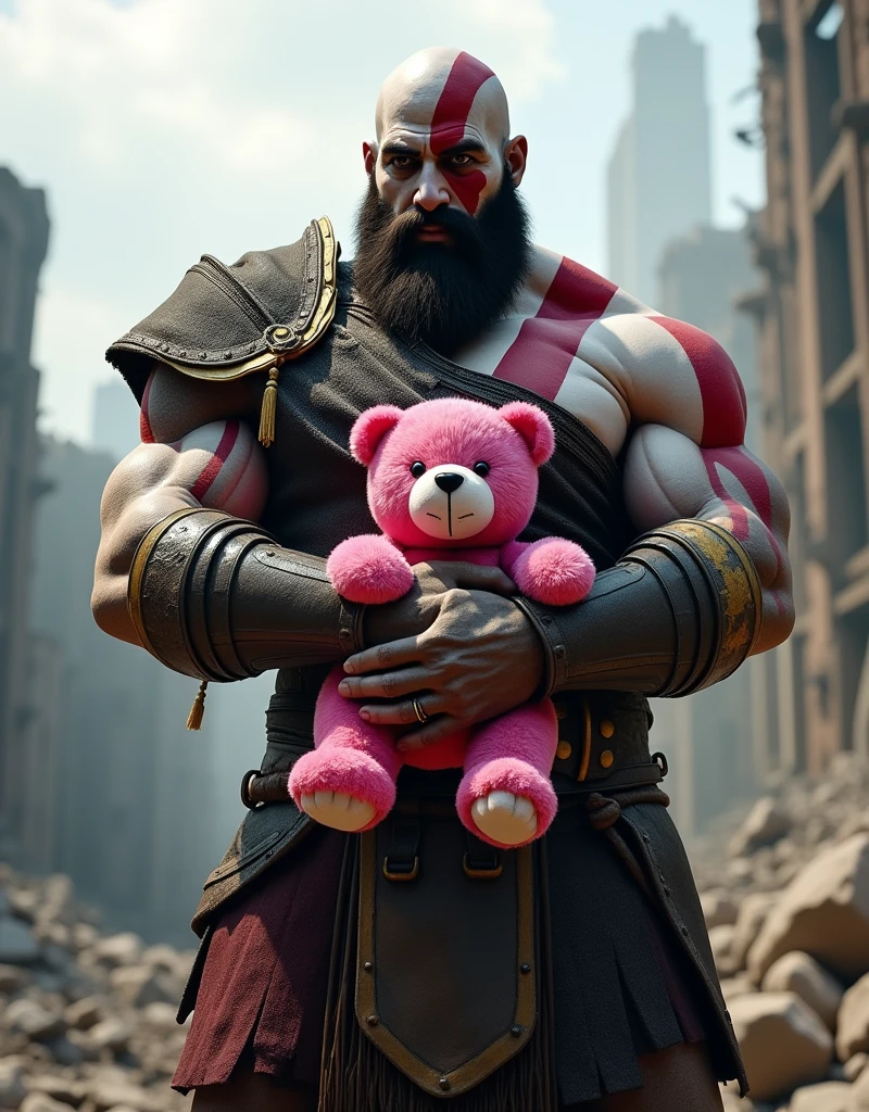 god of war, standing, hugging a pink teddy bear, against the backdrop of the (ruined city:1.1)
unreal engine
style of Artgerm
finely detail, ultra-detailed, highres