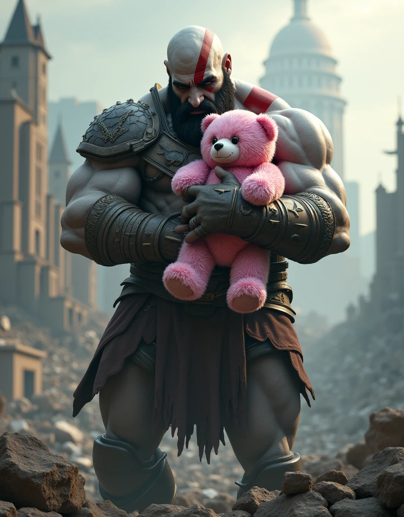 god of war, standing, hugging a pink teddy bear, against the backdrop of the (ruined city:1.1)
unreal engine
style of Artgerm
finely detail, ultra-detailed, highres