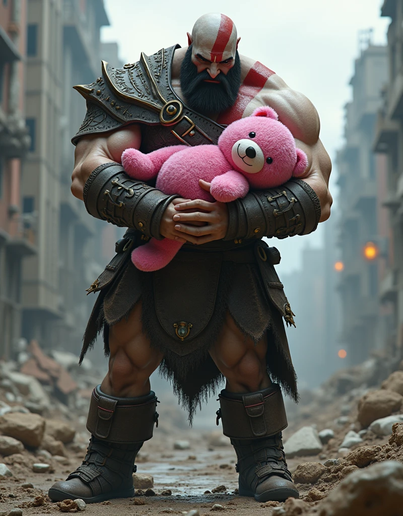 god of war, standing, hugging a pink teddy bear, against the backdrop of the (ruined city:1.1)
unreal engine
style of Artgerm
finely detail, ultra-detailed, highres