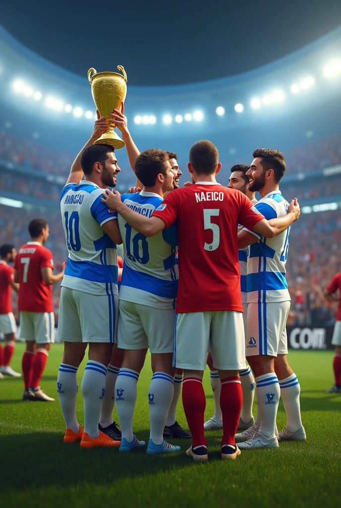 Draw me the Maccabi Tel Aviv soccer players winning the championship and celebrating, and very happyThen a fan dressed in a red shirt and ,white pants shot one of the Maccabi Tel Aviv players
