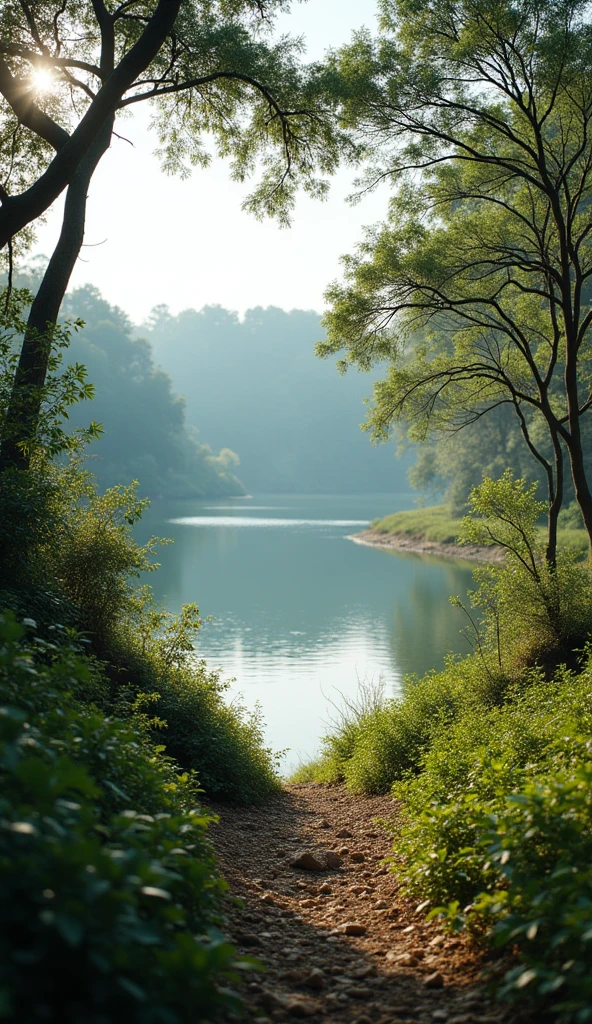 In cinematic view :- Beautiful view of a river bank. There may be trees, bushes and calm water in the background.