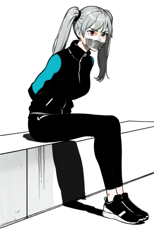 ((1 girl)), ((twin tails)), (sexy),  ((simple_background)), ((concrete floor, concrete wall)), ((underground room)), ((arms behind back)), ((scowl)), ((sitting on the knees)), ((tape gag)),  ((helpless)), ((calm)), ((struggling)), (blue tracksuit,tracksuit,tights pants, long black pants)